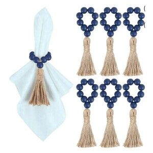 Wooden Beaded Blue Napkin Rings Set Of 6 NEW Nautical Boho
